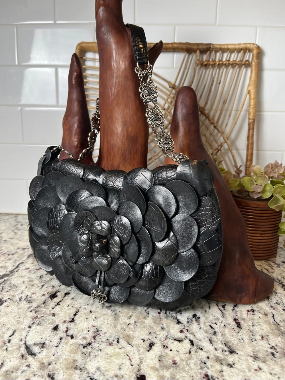 Brighton Black Leather Petal Appliqué Shoulder Bag